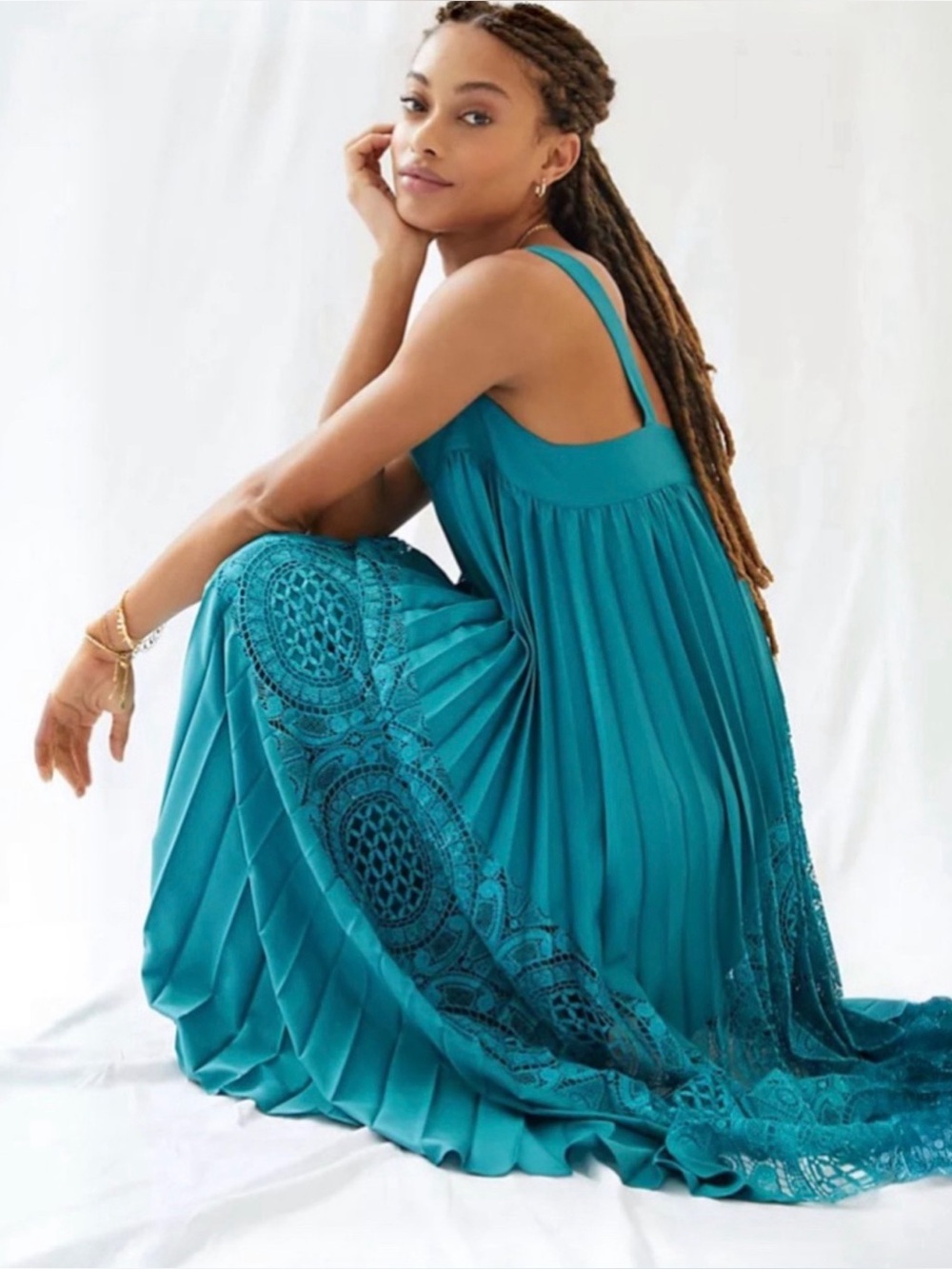 Anthropologie Geisha Designs Turquoise Pleated Lace Maxi Dress M Square Neck